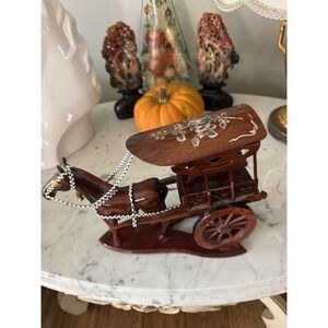 Wooden Horse Cart Vintage / Antique Handicraft Home Abalone Inlays. Floral Wood